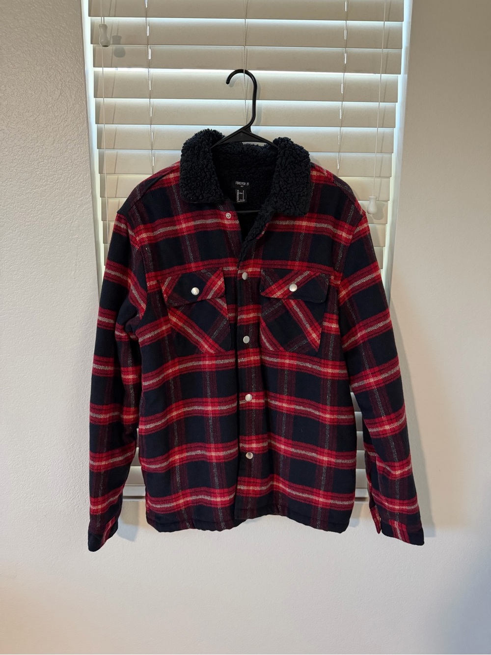 Forever 21 Red & Black Plaid Sherpa Collar Jacket